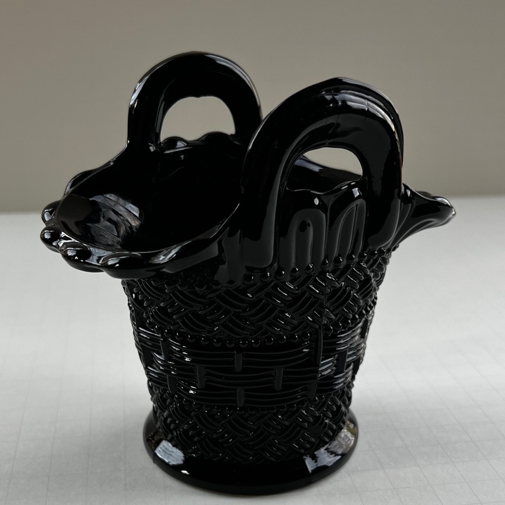 Black Glass Basket with Beaded Lattice Weaved Design and Double Handles